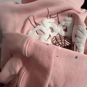 Pink and White Crewneck Sweater with Ribbed Detailing